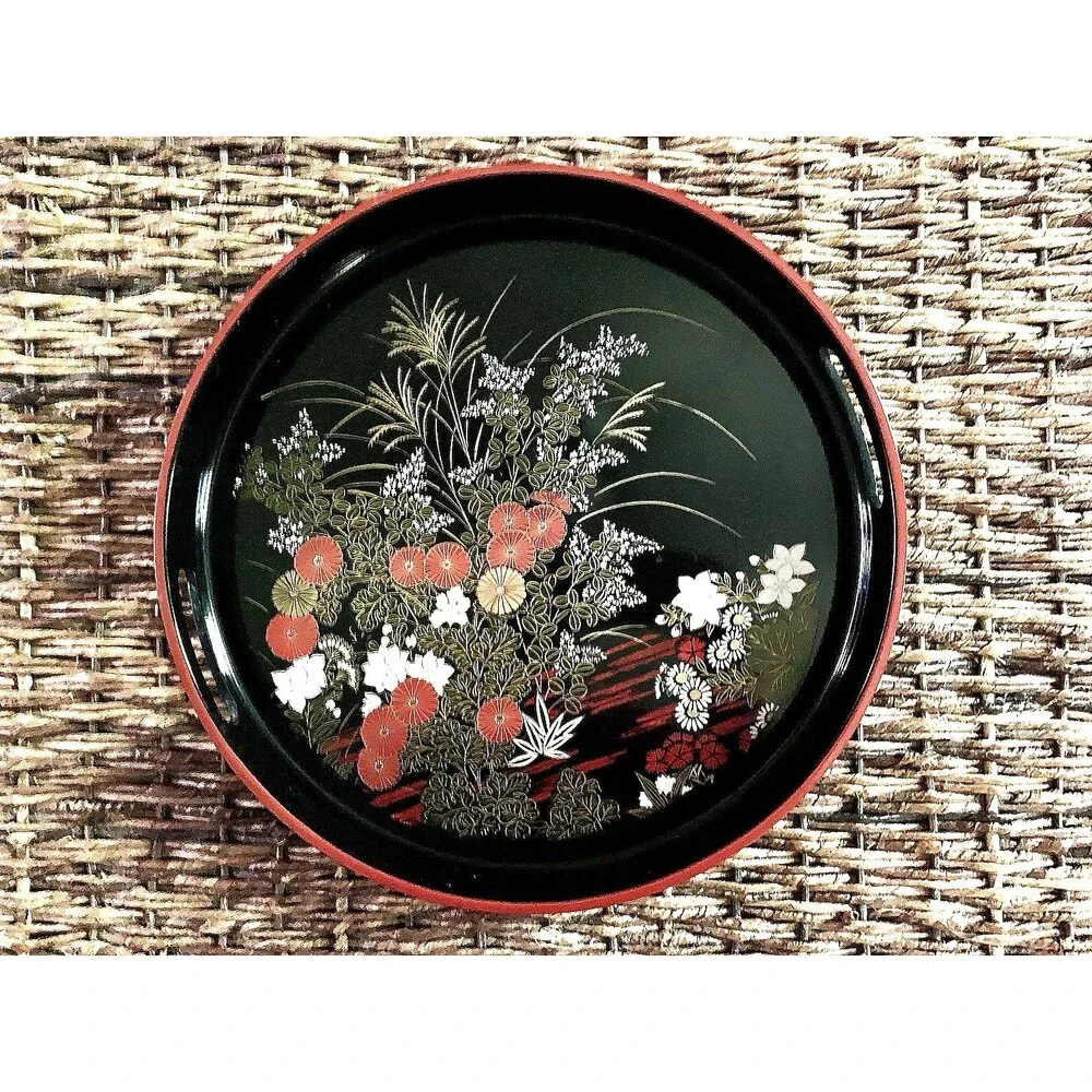 VINTAGE JAPANESE YAMANAKA LACQUERWARE CHRYSANTHEMUM ROUND SERVING TRAY 12.5
